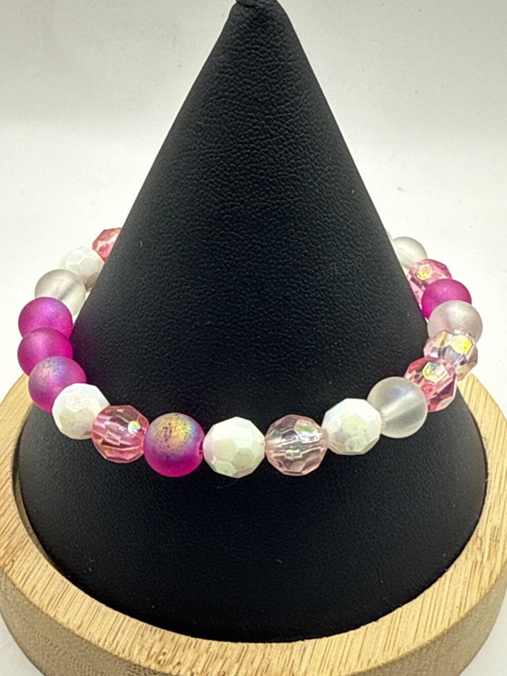 Y2K Coquette Iridescent Pink & Frosted White Glass Bead Stretch Bracelet Stack